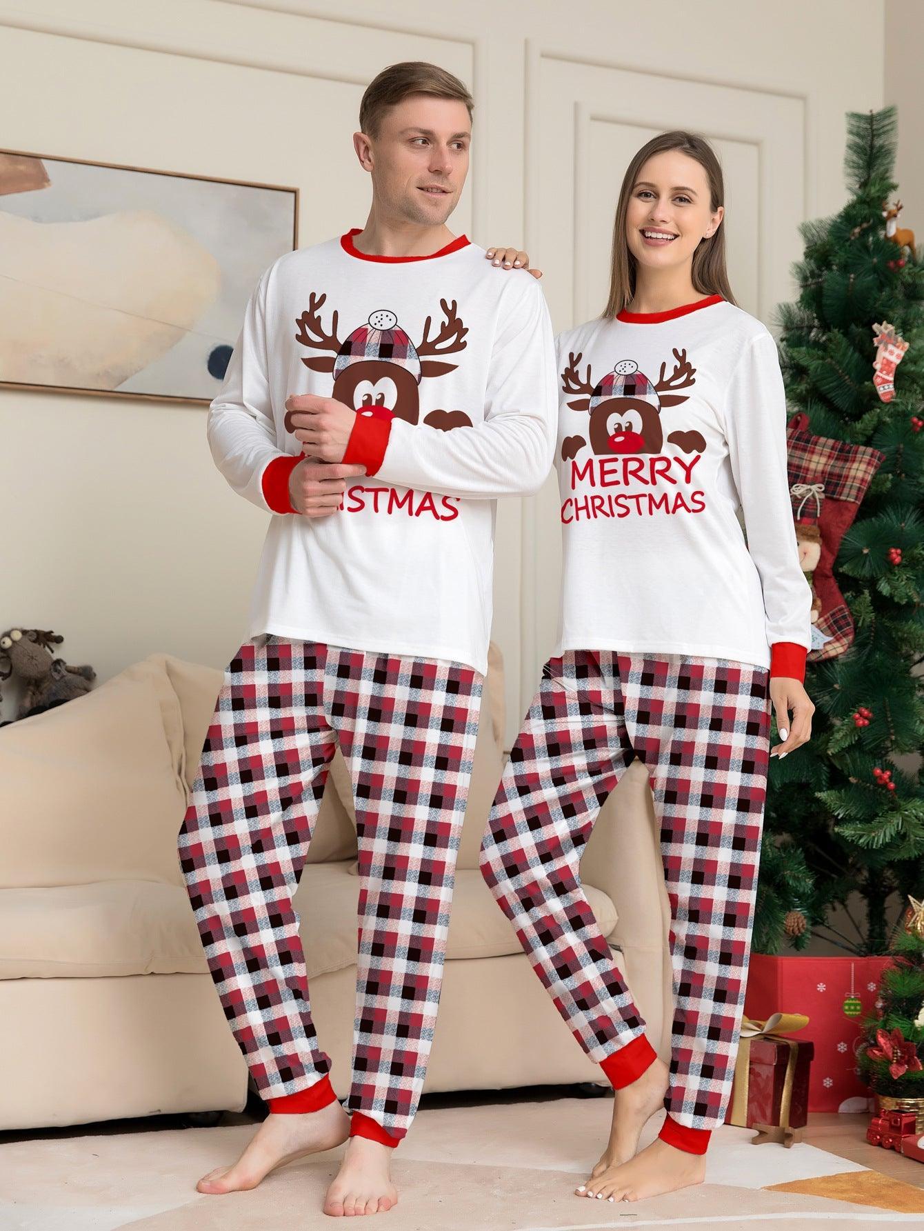 Reindeer Letter Print Christmas Family Matching Pajamas | Plaid Two - Piece Long Sleeve Loungewear Set - Coscosmos