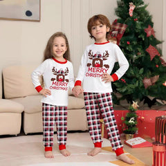 Reindeer Letter Print Christmas Family Matching Pajamas | Plaid Two - Piece Long Sleeve Loungewear Set - Coscosmos