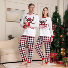 Reindeer Letter Print Christmas Family Matching Pajamas | Plaid Two - Piece Long Sleeve Loungewear Set - Coscosmos