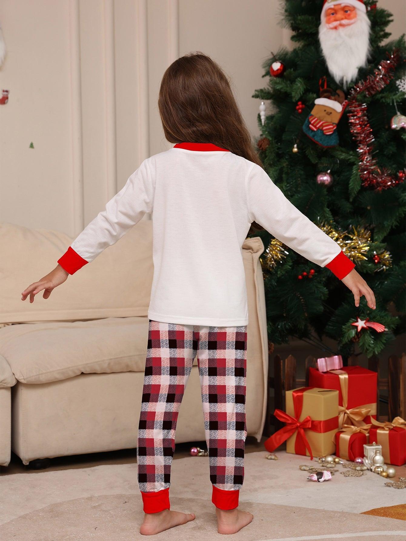 Reindeer Letter Print Christmas Family Matching Pajamas | Plaid Two - Piece Long Sleeve Loungewear Set - Coscosmos