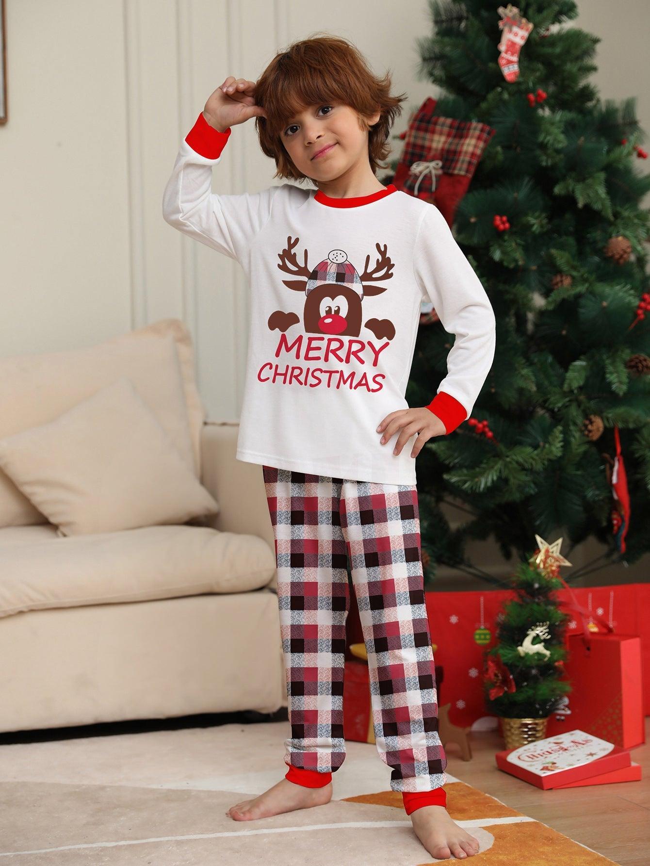 Reindeer Letter Print Christmas Family Matching Pajamas | Plaid Two - Piece Long Sleeve Loungewear Set - Coscosmos