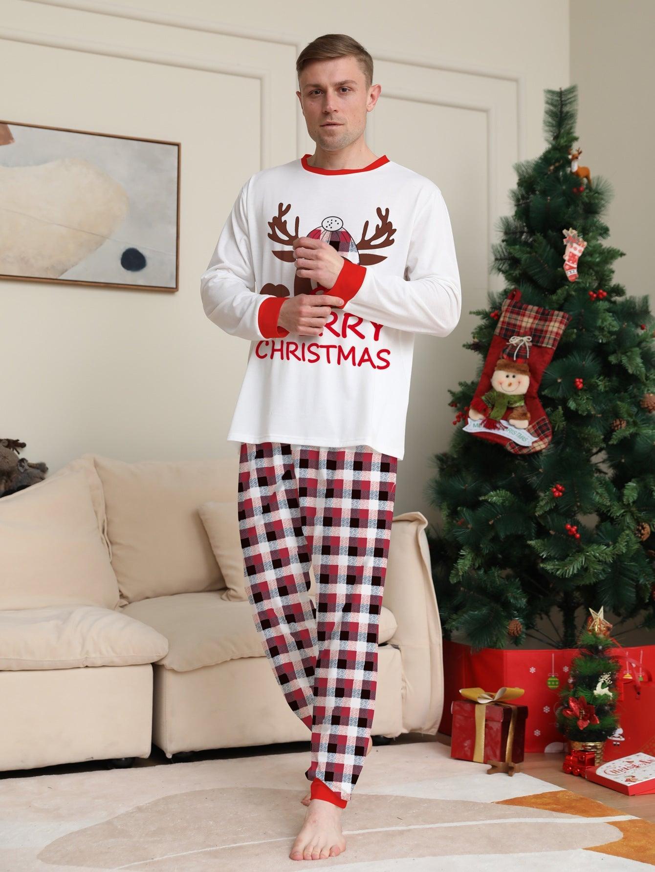 Reindeer Letter Print Christmas Family Matching Pajamas | Plaid Two - Piece Long Sleeve Loungewear Set - Coscosmos