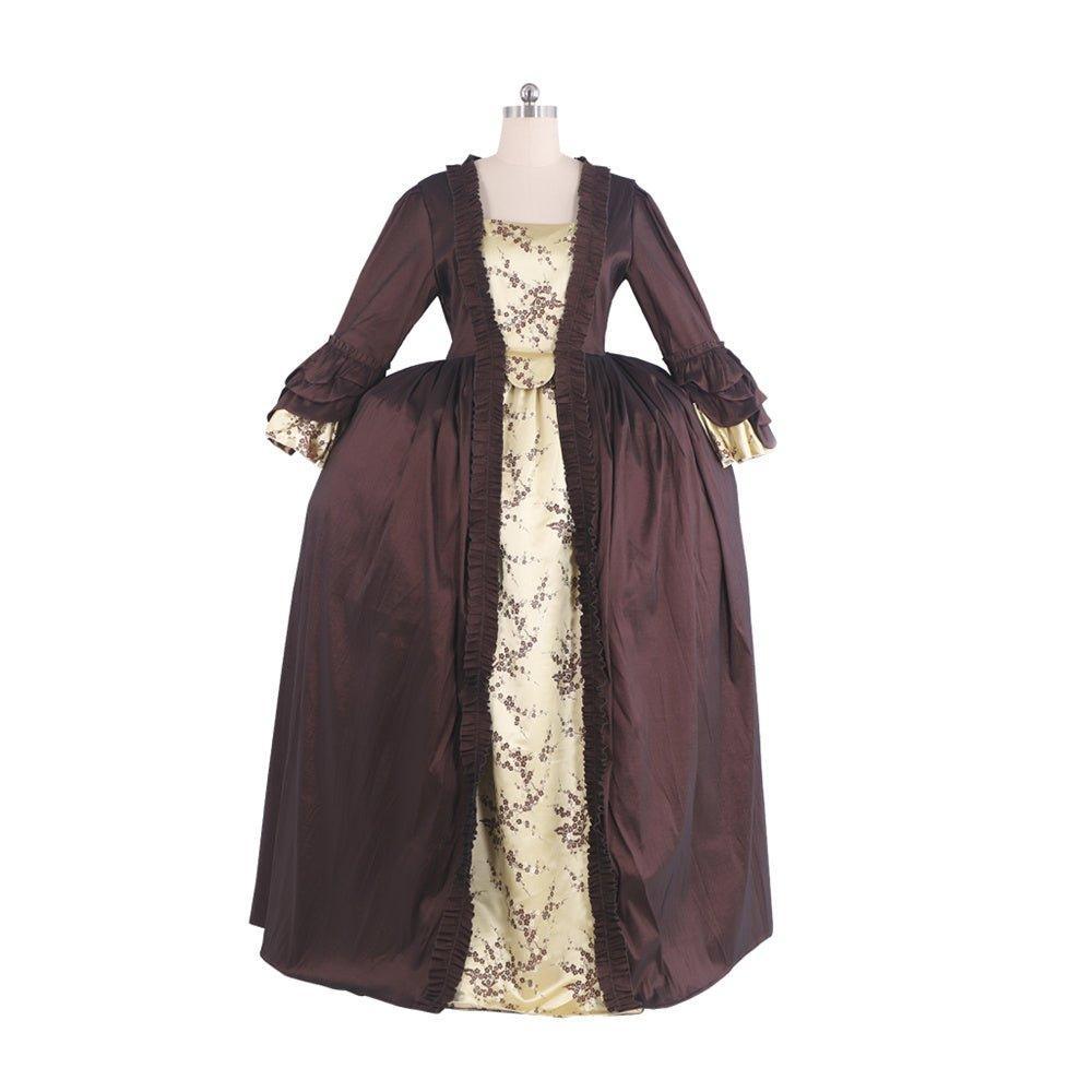 Rococo Coffee Brown Dress - Embroidered Brocade with Gold Accents - Coscosmos