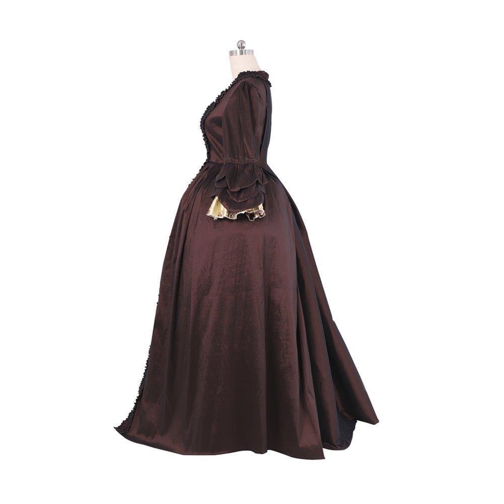 Rococo Coffee Brown Dress - Embroidered Brocade with Gold Accents - Coscosmos