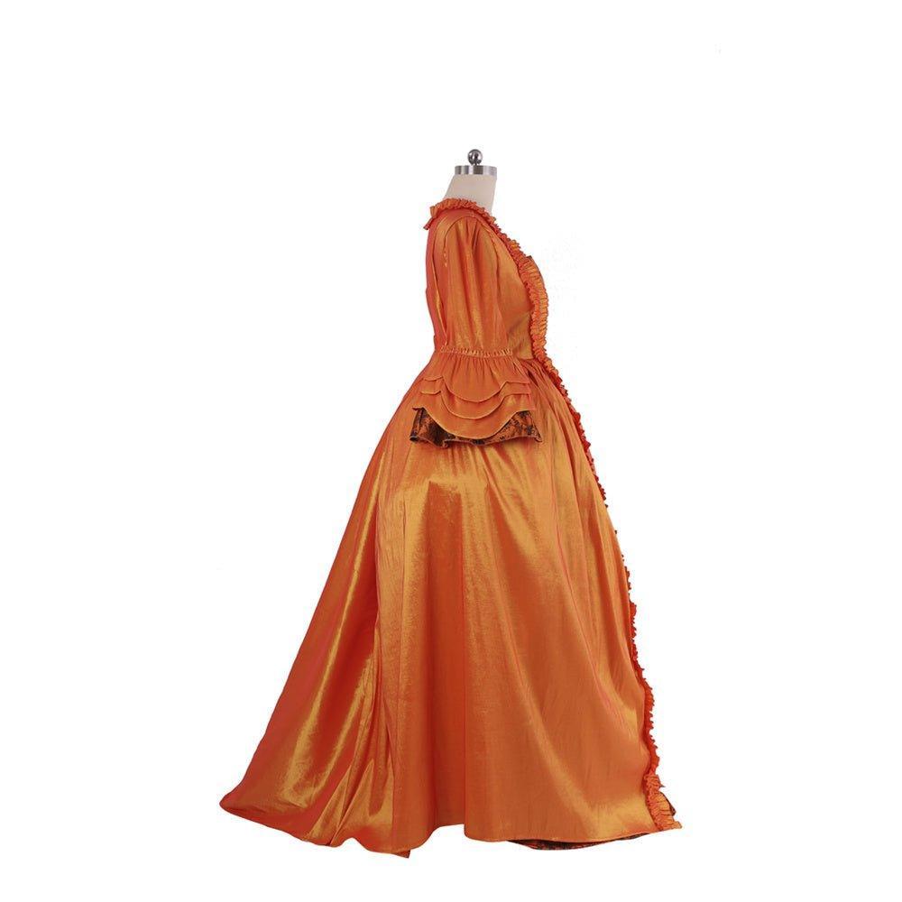 Rococo Orange Brocade Dress with Floral Chest Band - A Vivid Medieval Inspired Costume by Coscomos - Coscosmos