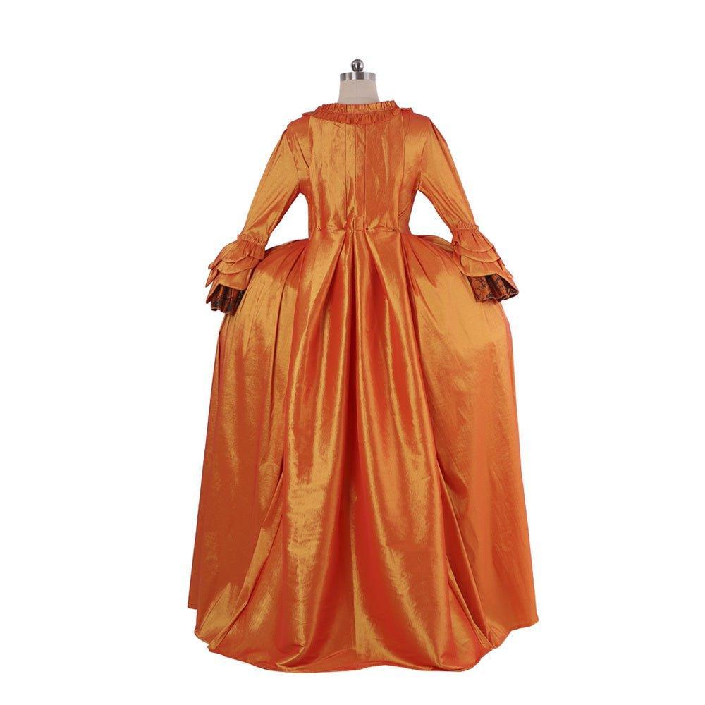 Rococo Orange Brocade Dress with Floral Chest Band - A Vivid Medieval Inspired Costume by Coscomos - Coscosmos