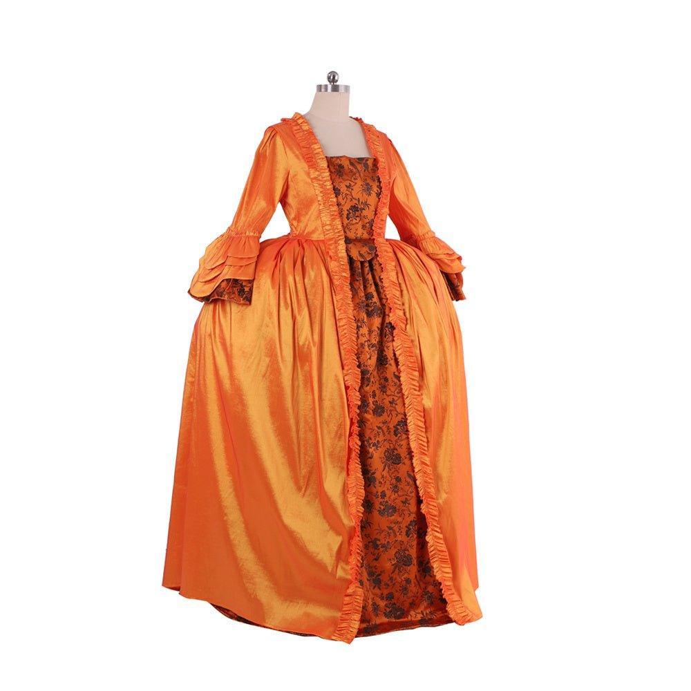 Rococo Orange Brocade Dress with Floral Chest Band - A Vivid Medieval Inspired Costume by Coscomos - Coscosmos