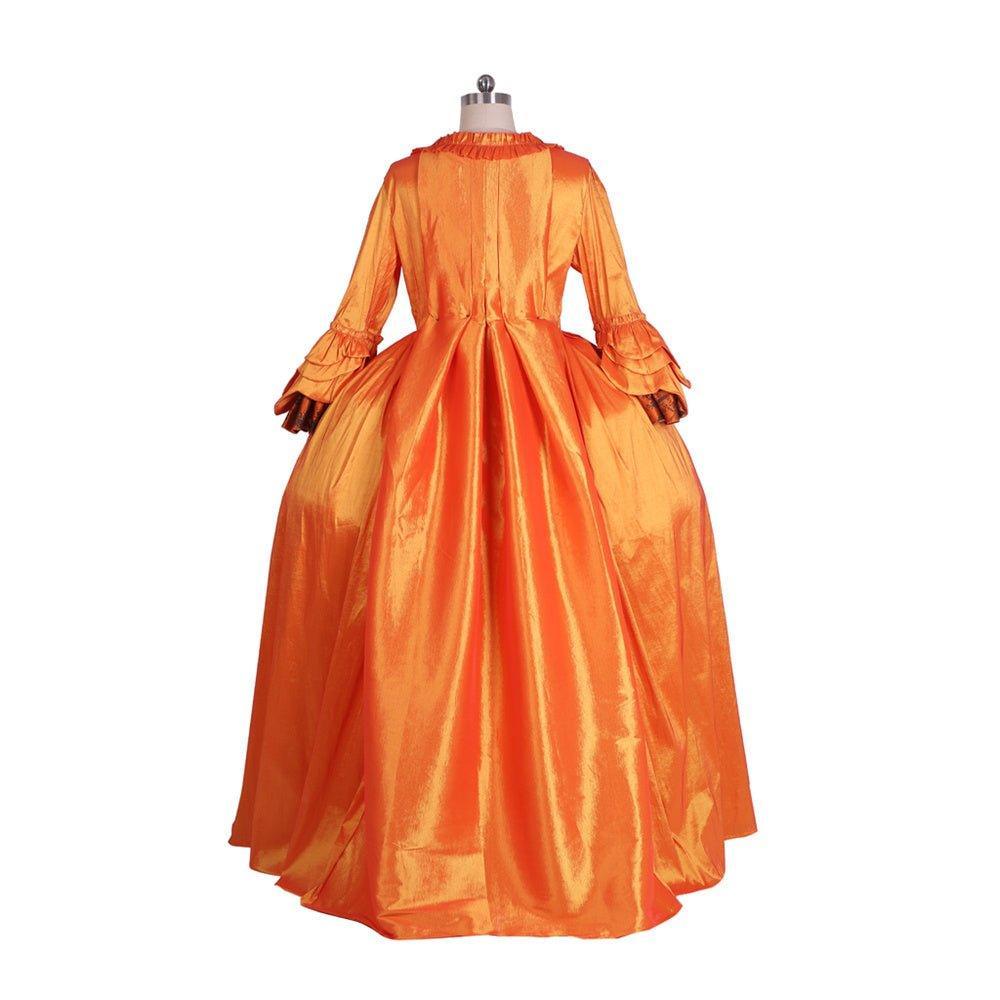 Rococo Orange Brocade Dress with Floral Chest Band - A Vivid Medieval Inspired Costume by Coscomos - Coscosmos