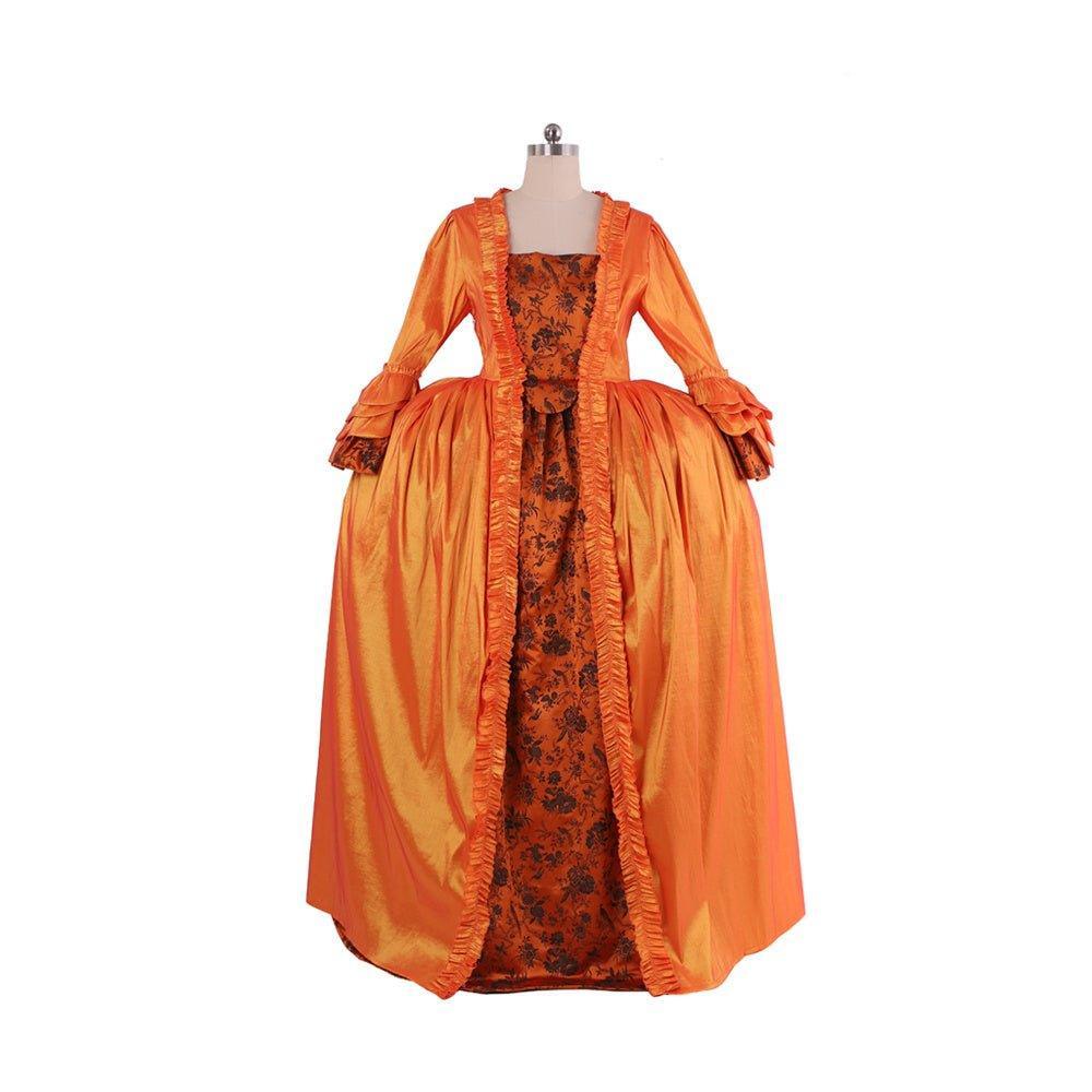 Rococo Orange Brocade Dress with Floral Chest Band - A Vivid Medieval Inspired Costume by Coscomos - Coscosmos