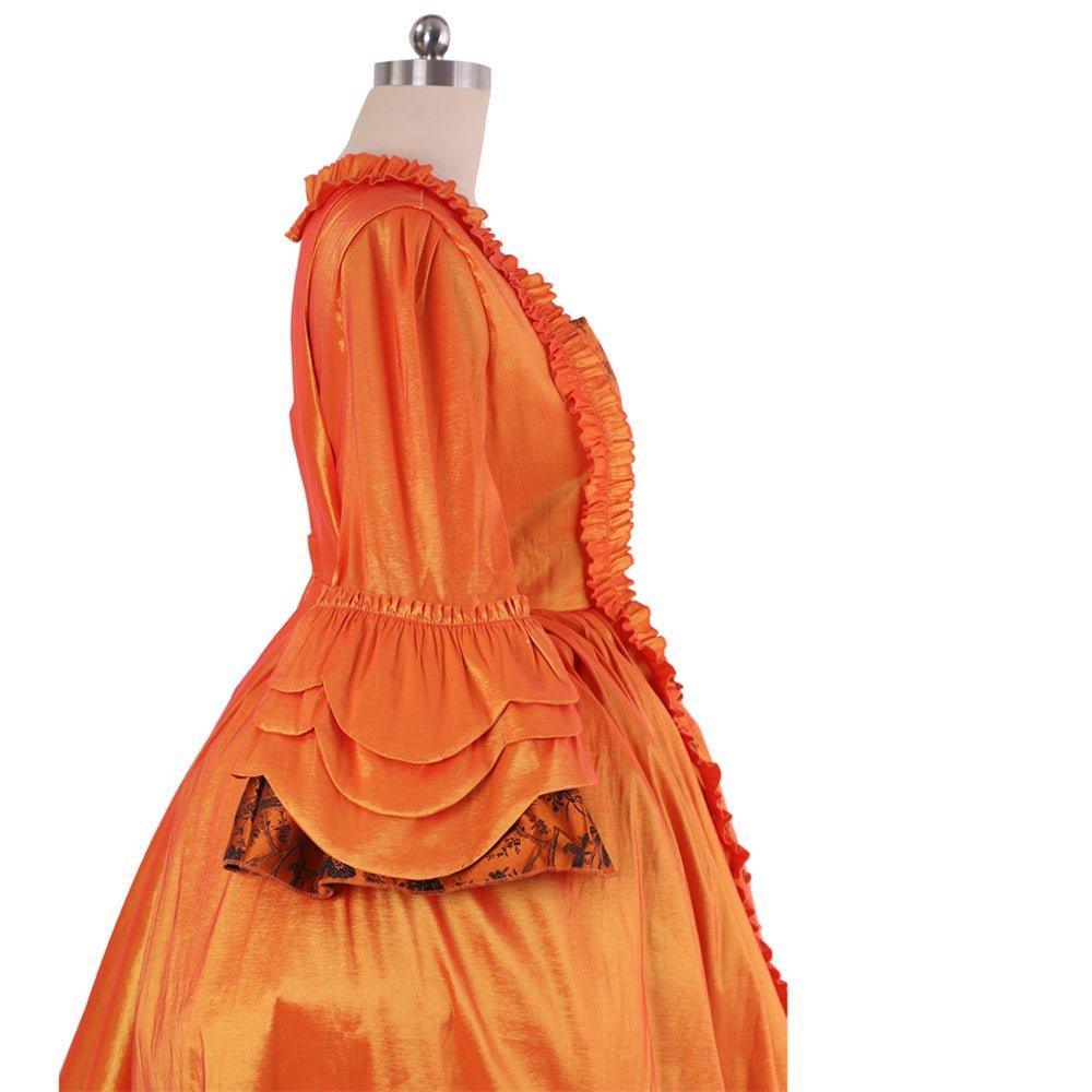 Rococo Orange Brocade Dress with Floral Chest Band - A Vivid Medieval Inspired Costume by Coscomos - Coscosmos