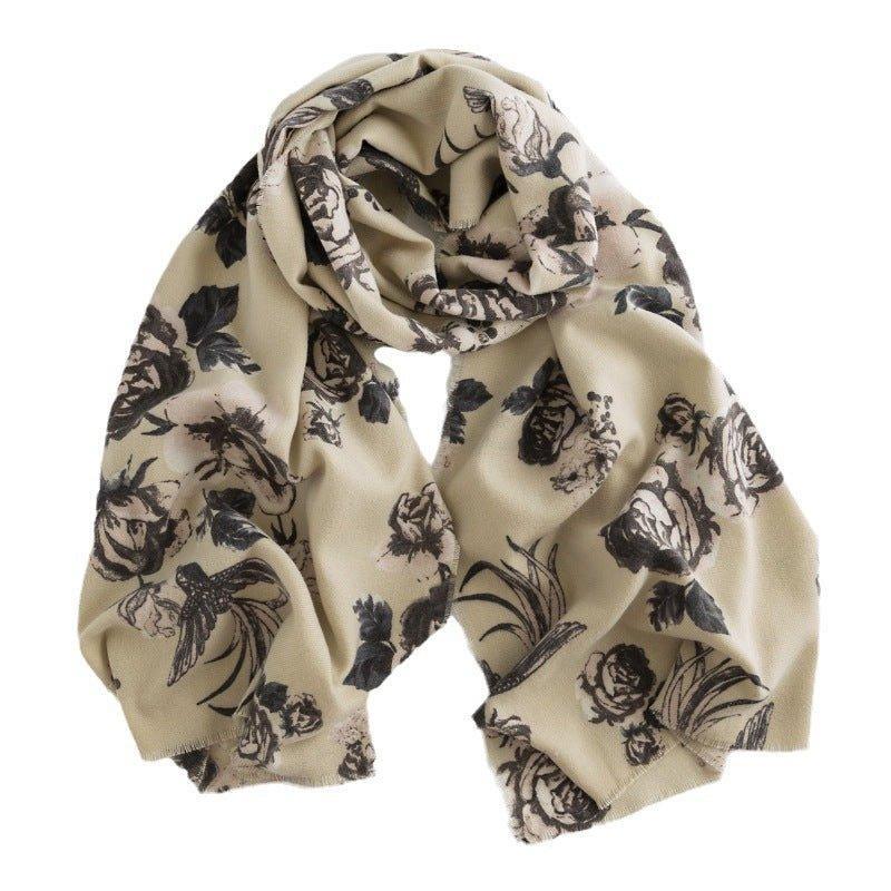 Rose Print Faux Cashmere Scarf with Tassels | Women’s Warm Shawl for Fall & Winter | Perfect for Thanksgiving & Halloween - Coscosmos