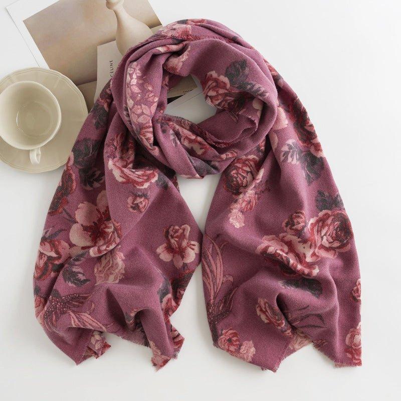 Rose Print Faux Cashmere Scarf with Tassels | Women’s Warm Shawl for Fall & Winter | Perfect for Thanksgiving & Halloween - Coscosmos