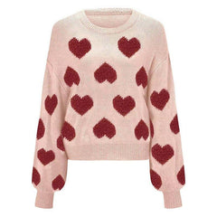 Sweet Valentine’s Day Pink Heart Knit Sweater with Puff Sleeves – Cosy Pullover for Winter and Holidays - Coscosmos