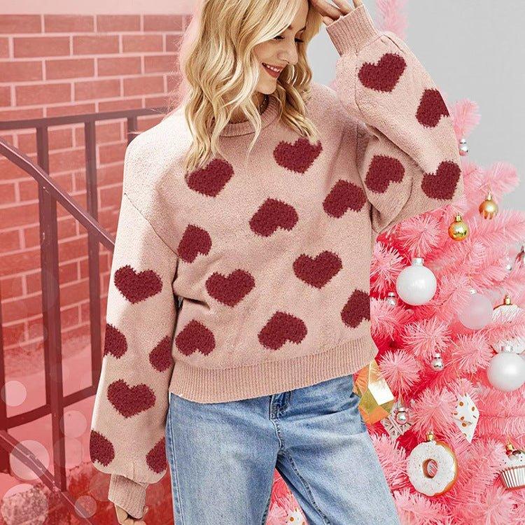 Sweet Valentine’s Day Pink Heart Knit Sweater with Puff Sleeves – Cosy Pullover for Winter and Holidays - Coscosmos