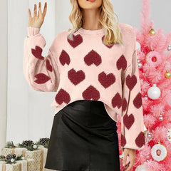 Sweet Valentine’s Day Pink Heart Knit Sweater with Puff Sleeves – Cosy Pullover for Winter and Holidays - Coscosmos