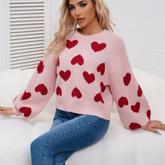 Sweet Valentine’s Day Pink Heart Knit Sweater with Puff Sleeves – Cosy Pullover for Winter and Holidays - Coscosmos