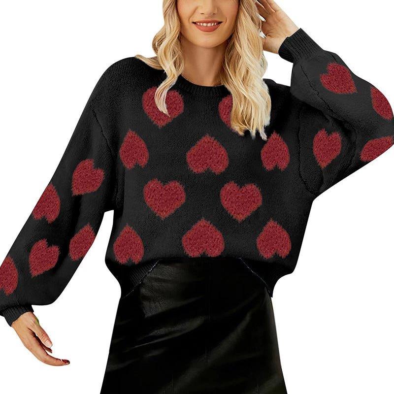 Sweet Valentine’s Day Pink Heart Knit Sweater with Puff Sleeves – Cosy Pullover for Winter and Holidays - Coscosmos