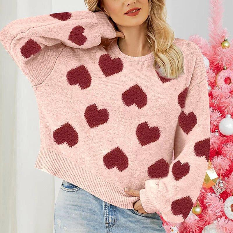 Sweet Valentine’s Day Pink Heart Knit Sweater with Puff Sleeves – Cosy Pullover for Winter and Holidays - Coscosmos