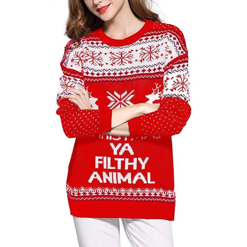 Three - Color Women's Funny Red Christmas Sweater - Cartoon Elk & Lantern String Print Loose Knitwear Pullover - Coscosmos