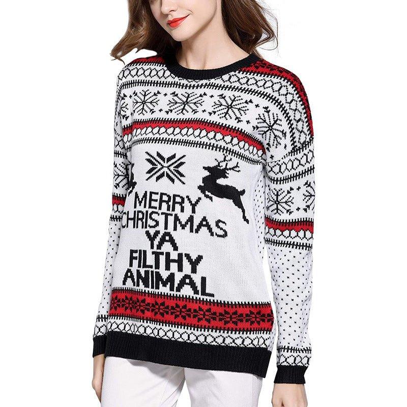 Three - Color Women's Funny Red Christmas Sweater - Cartoon Elk & Lantern String Print Loose Knitwear Pullover - Coscosmos