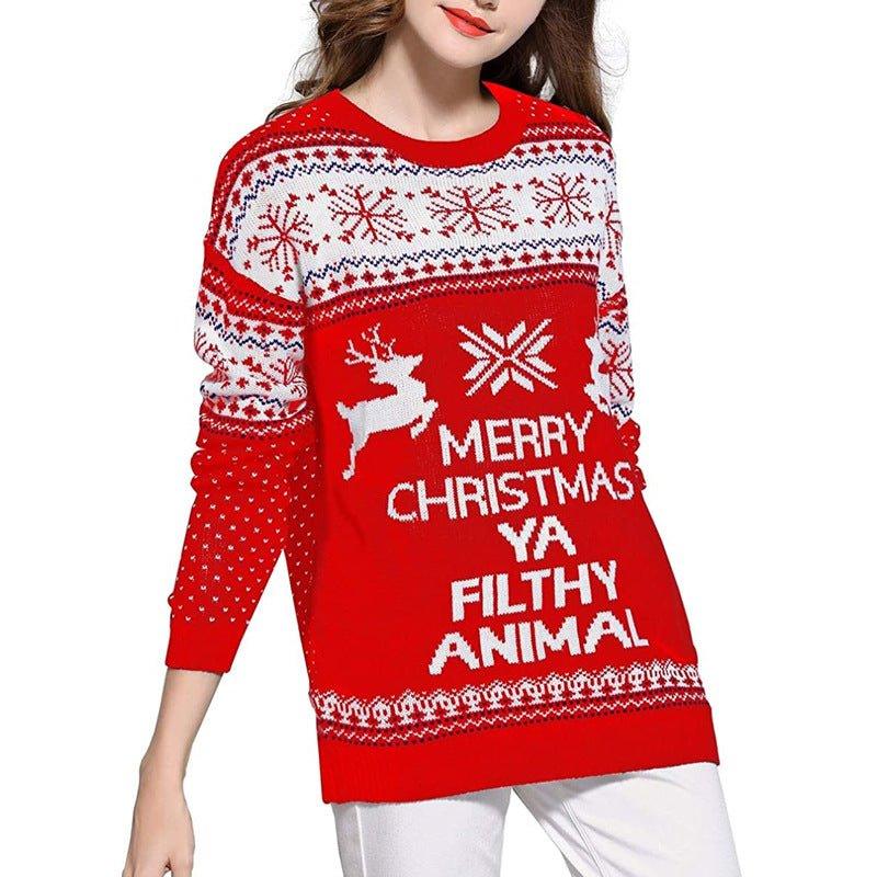 Three - Color Women's Funny Red Christmas Sweater - Cartoon Elk & Lantern String Print Loose Knitwear Pullover - Coscosmos