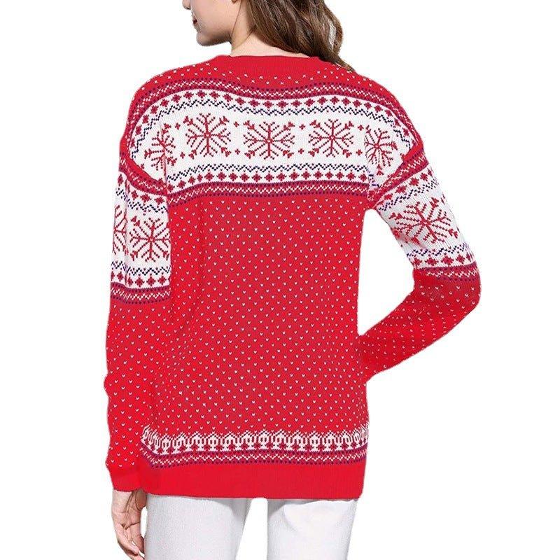 Three - Color Women's Funny Red Christmas Sweater - Cartoon Elk & Lantern String Print Loose Knitwear Pullover - Coscosmos