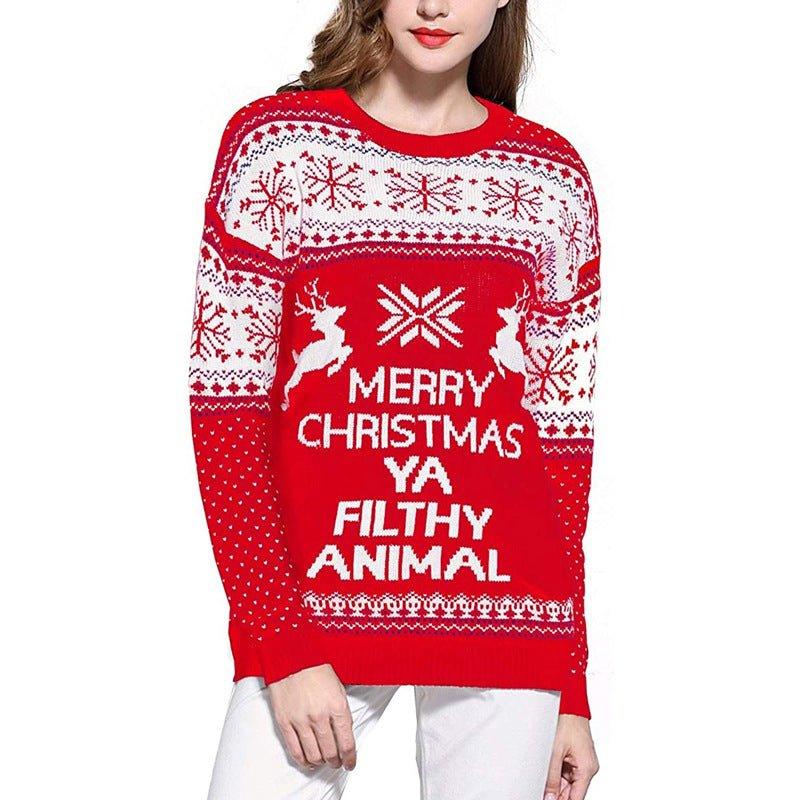 Three - Color Women's Funny Red Christmas Sweater - Cartoon Elk & Lantern String Print Loose Knitwear Pullover - Coscosmos