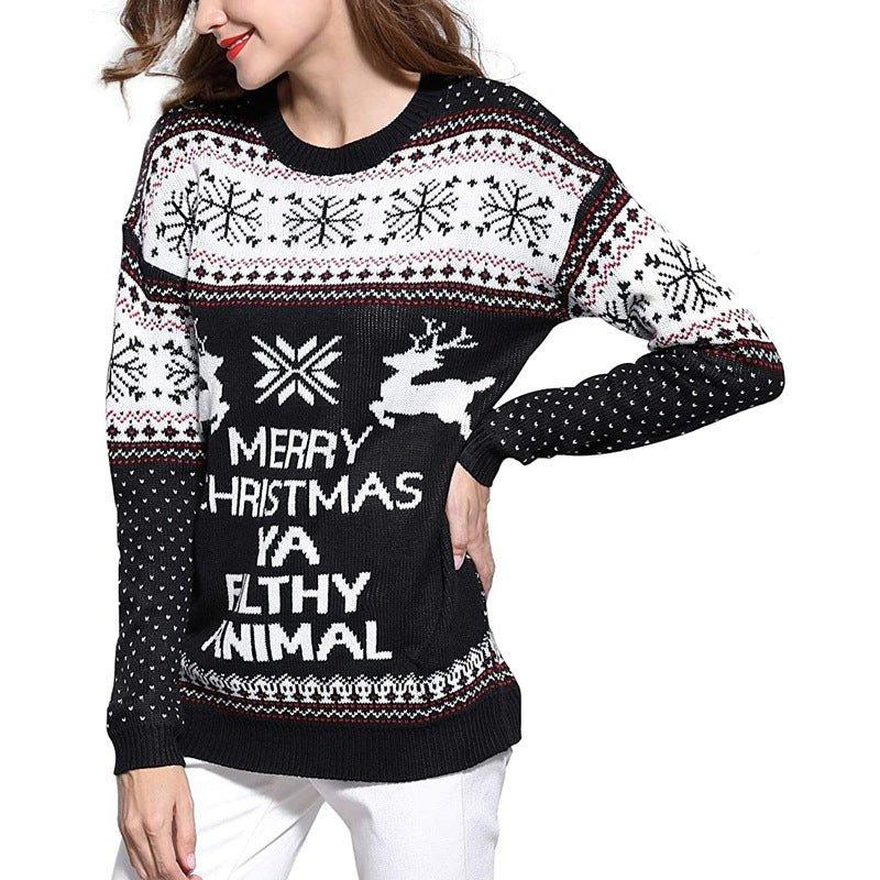 Three - Color Women's Funny Red Christmas Sweater - Cartoon Elk & Lantern String Print Loose Knitwear Pullover - Coscosmos