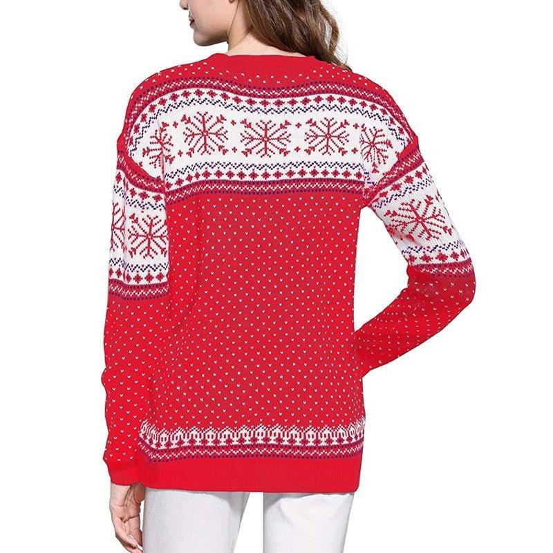 Three - Color Women's Funny Red Christmas Sweater - Cartoon Elk & Lantern String Print Loose Knitwear Pullover - Coscosmos