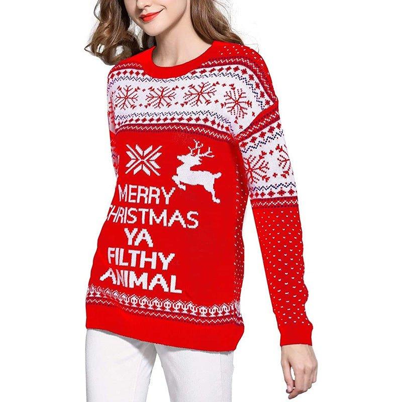 Three - Color Women's Funny Red Christmas Sweater - Cartoon Elk & Lantern String Print Loose Knitwear Pullover - Coscosmos