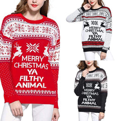 Three - Color Women's Funny Red Christmas Sweater - Cartoon Elk & Lantern String Print Loose Knitwear Pullover - Coscosmos