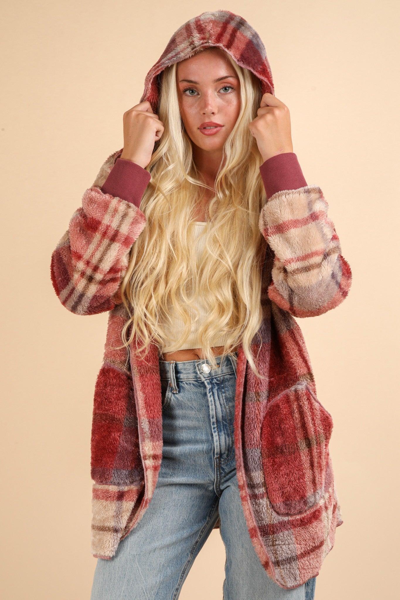 VERY J Fuzzy Plaid Long Sleeve Hooded Jacket - Coscosmos