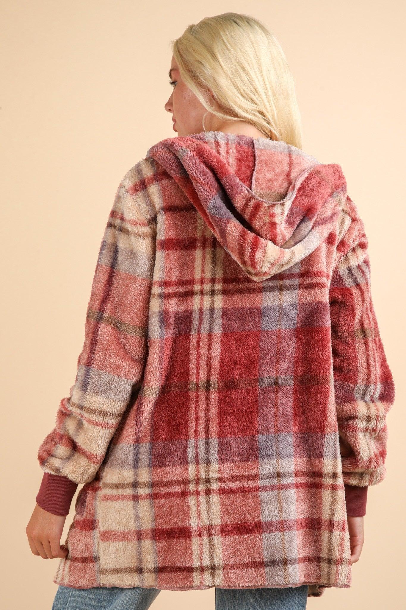 VERY J Fuzzy Plaid Long Sleeve Hooded Jacket - Coscosmos