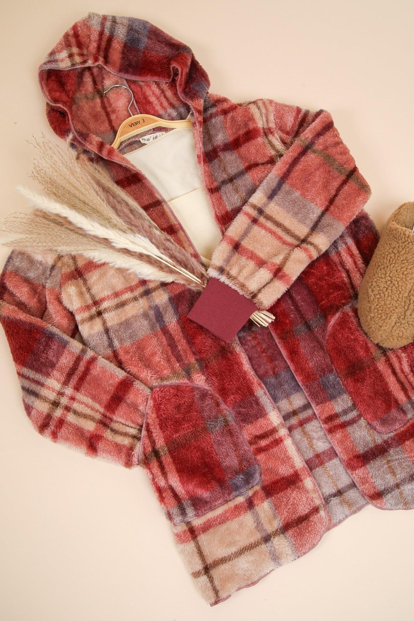 VERY J Fuzzy Plaid Long Sleeve Hooded Jacket - Coscosmos