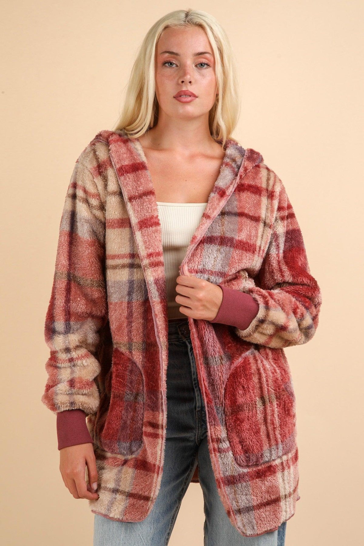 VERY J Fuzzy Plaid Long Sleeve Hooded Jacket - Coscosmos