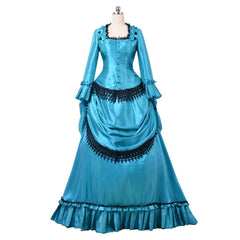 Victorian 1860s Blue Bustle Ball Gown | British Aristocratic Walking Dress | Duchess Style Long Dress - Coscosmos