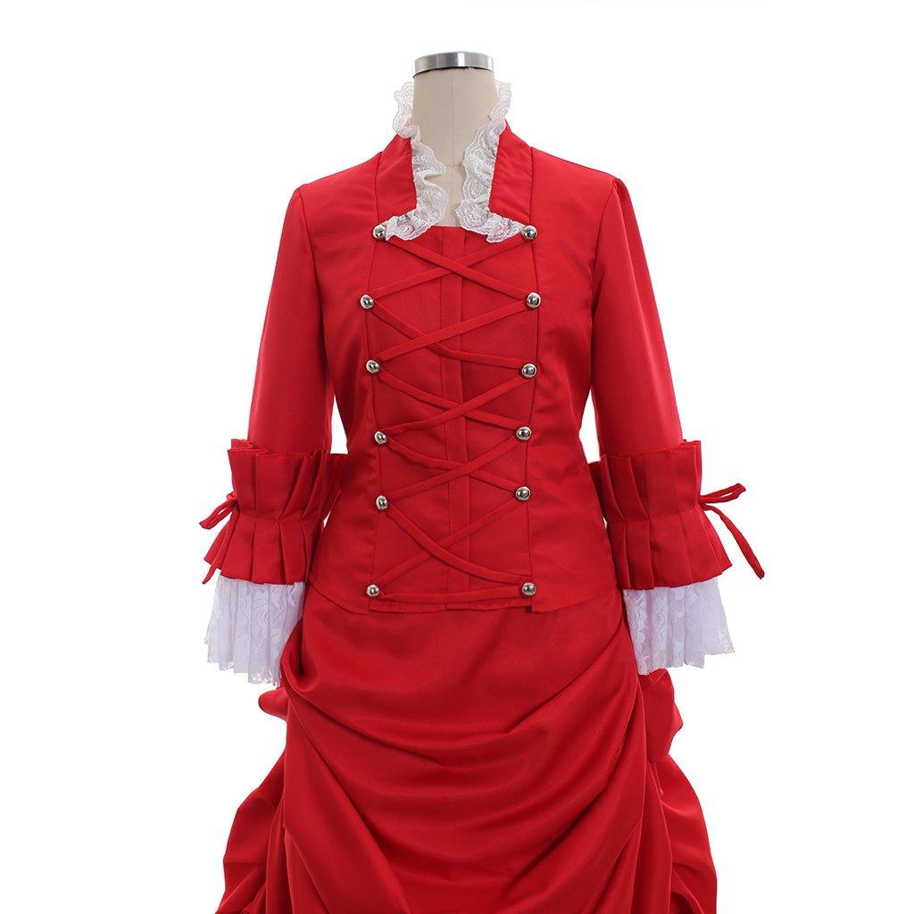 Victorian Red Bustle Ball Dress | 1860s Duchess Strap Gown for Historical Events - Coscosmos