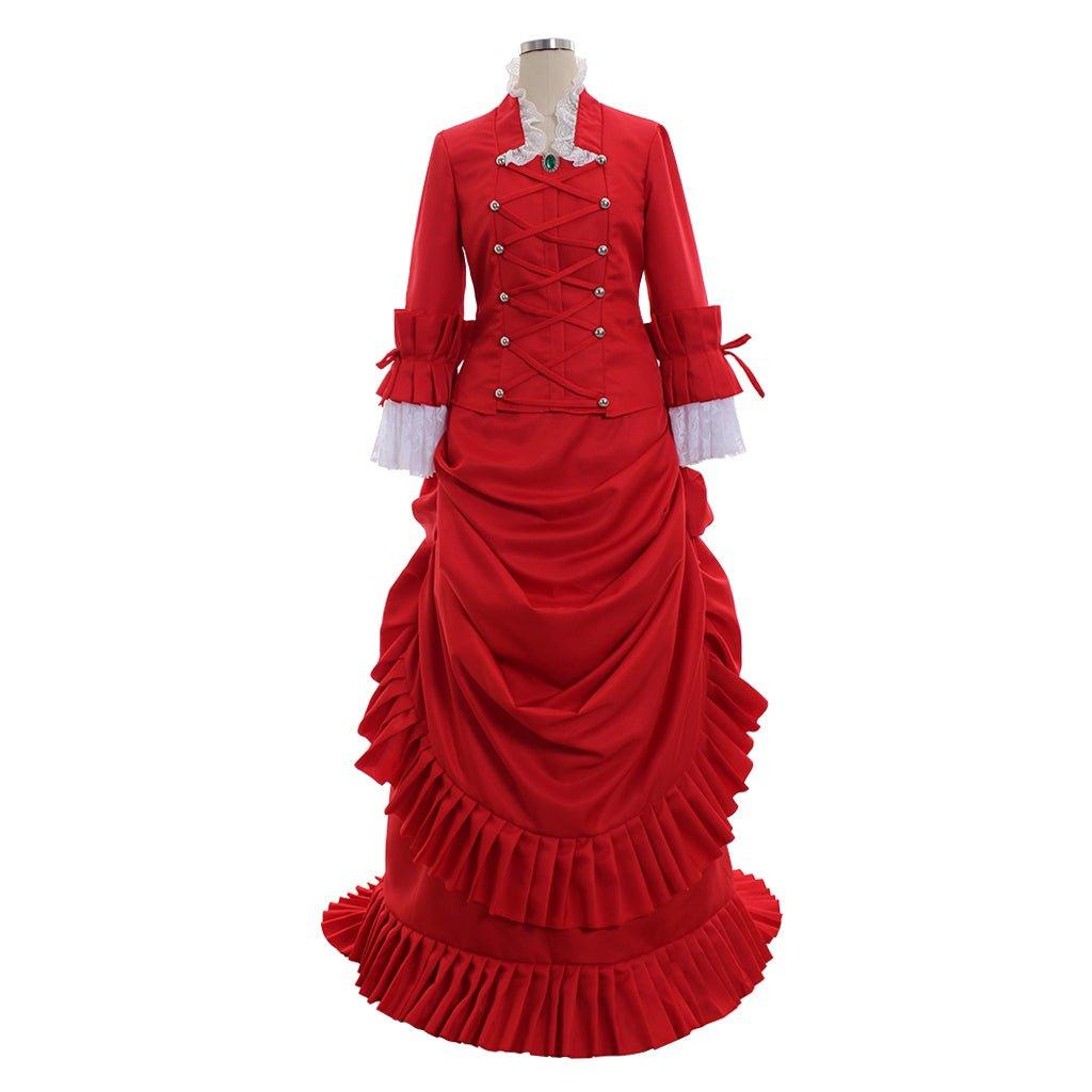 Victorian Red Bustle Ball Dress | 1860s Duchess Strap Gown for Historical Events - Coscosmos