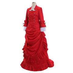 Victorian Red Bustle Ball Dress | 1860s Duchess Strap Gown for Historical Events - Coscosmos