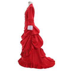 Victorian Red Bustle Ball Dress | 1860s Duchess Strap Gown for Historical Events - Coscosmos