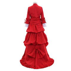 Victorian Red Bustle Ball Dress | 1860s Duchess Strap Gown for Historical Events - Coscosmos