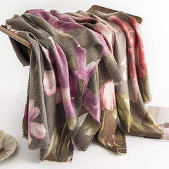 Women's 2024 Autumn Winter Scarf with Hibiscus Print, Soft Cashmere - like Shawl for Thanksgiving & Halloween - Coscosmos