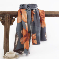 Women's 2024 Autumn Winter Scarf with Hibiscus Print, Soft Cashmere - like Shawl for Thanksgiving & Halloween - Coscosmos