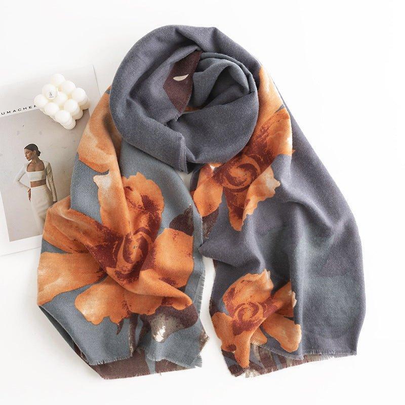 Women's 2024 Autumn Winter Scarf with Hibiscus Print, Soft Cashmere - like Shawl for Thanksgiving & Halloween - Coscosmos