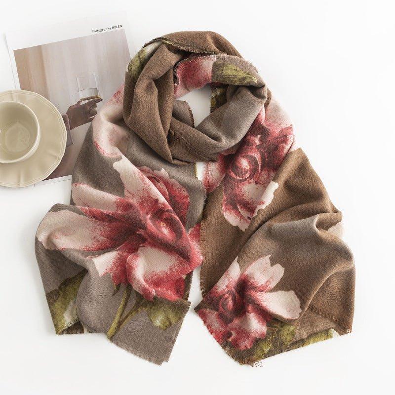 Women's 2024 Autumn Winter Scarf with Hibiscus Print, Soft Cashmere - like Shawl for Thanksgiving & Halloween - Coscosmos