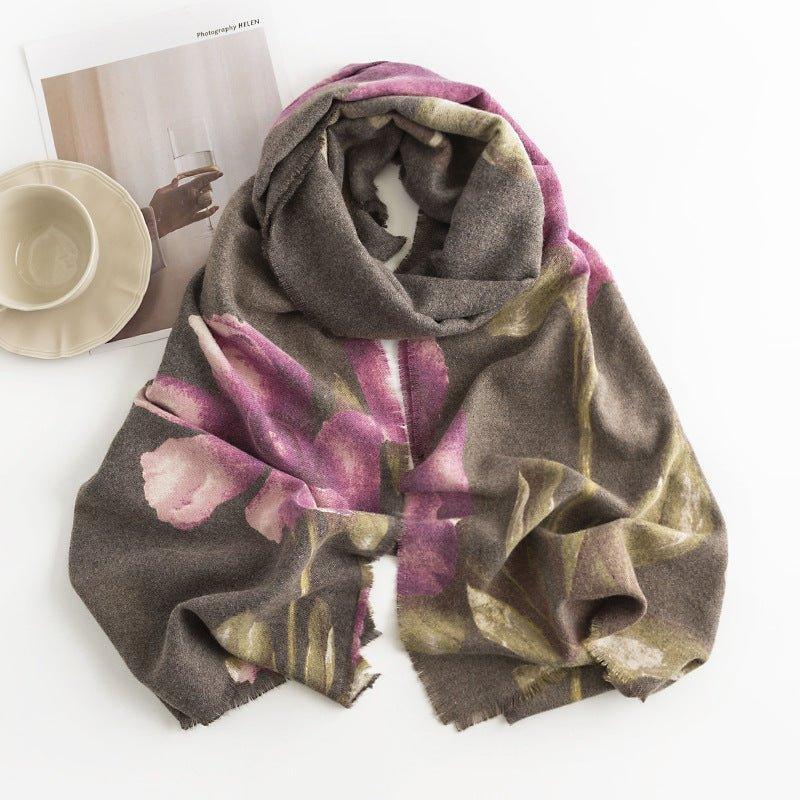 Women's 2024 Autumn Winter Scarf with Hibiscus Print, Soft Cashmere - like Shawl for Thanksgiving & Halloween - Coscosmos