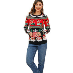 Women’s Christmas Pullover Sweaters – Long Sleeve Crewneck Knitwear with Elk & Lantern Print for Holiday Parties - Coscosmos