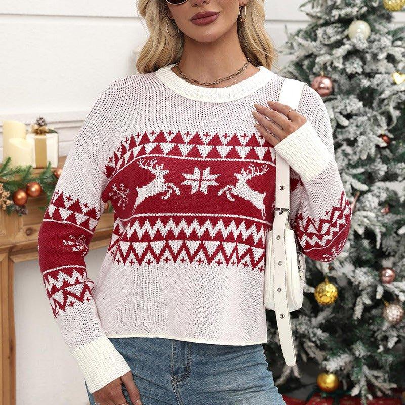 Women’s Christmas Snowflake Reindeer Knitted Sweater | Crew Neck Animal Print Pullover Knitwear - Coscosmos