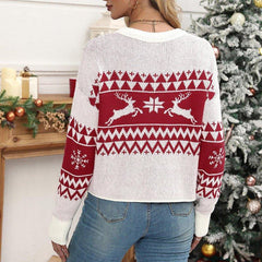 Women’s Christmas Snowflake Reindeer Knitted Sweater | Crew Neck Animal Print Pullover Knitwear - Coscosmos