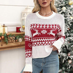 Women’s Christmas Snowflake Reindeer Knitted Sweater | Crew Neck Animal Print Pullover Knitwear - Coscosmos